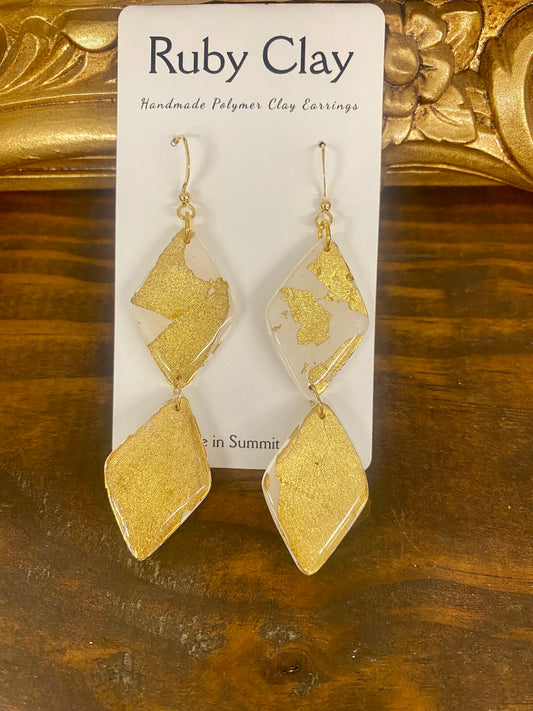 Polymer Clay Gold & White Earrings by Ruby Clay