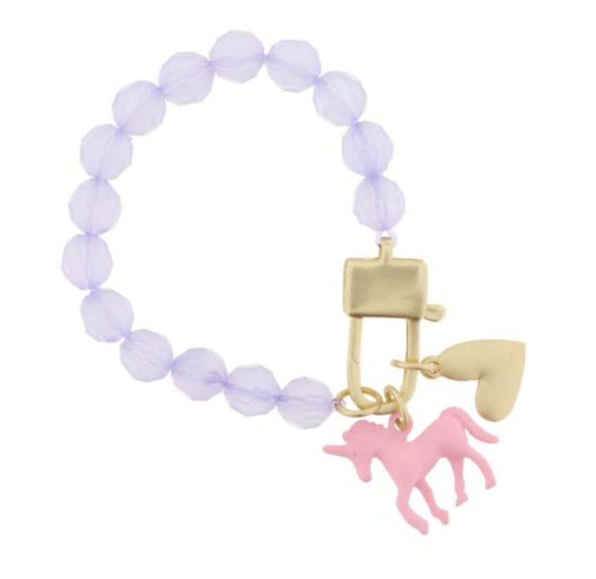 Kids Lavender Beaded with Lobster Claw, Pink Dipped Unicorn, Gold Heart Bracelet .75”  .5” Pendant  / Jane Marie