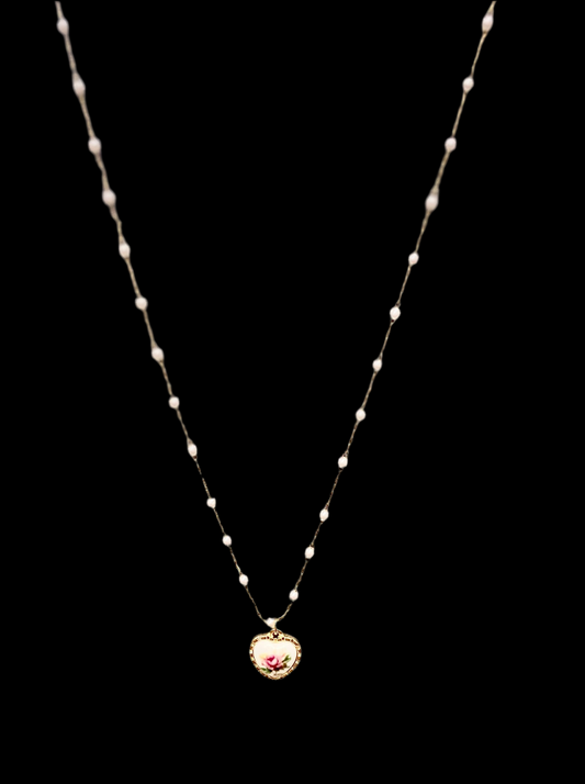 Gold Pearl Rose Heart Pendant & Earrings