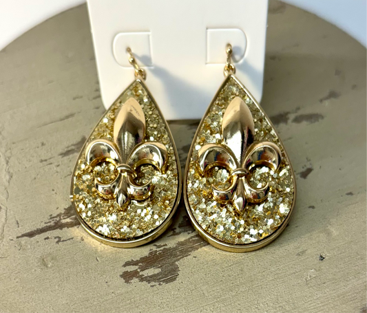 Sparkle Gold Fleur De Lis Earrings