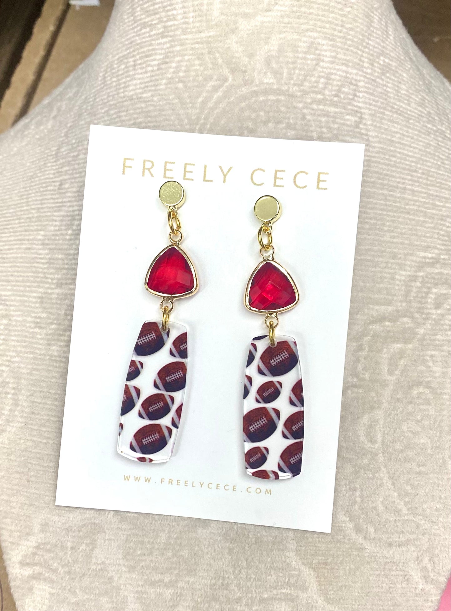 Football Earrings with Red Stones
