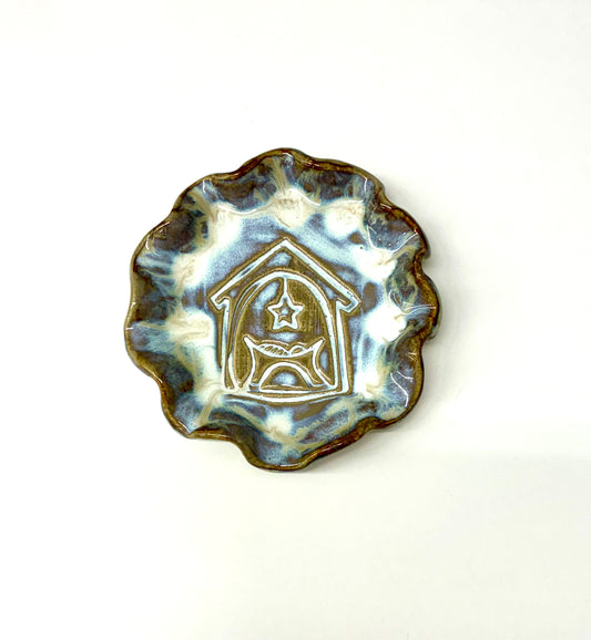 Scalloped Round Dish Manger Scene - Tab Boren Pottery