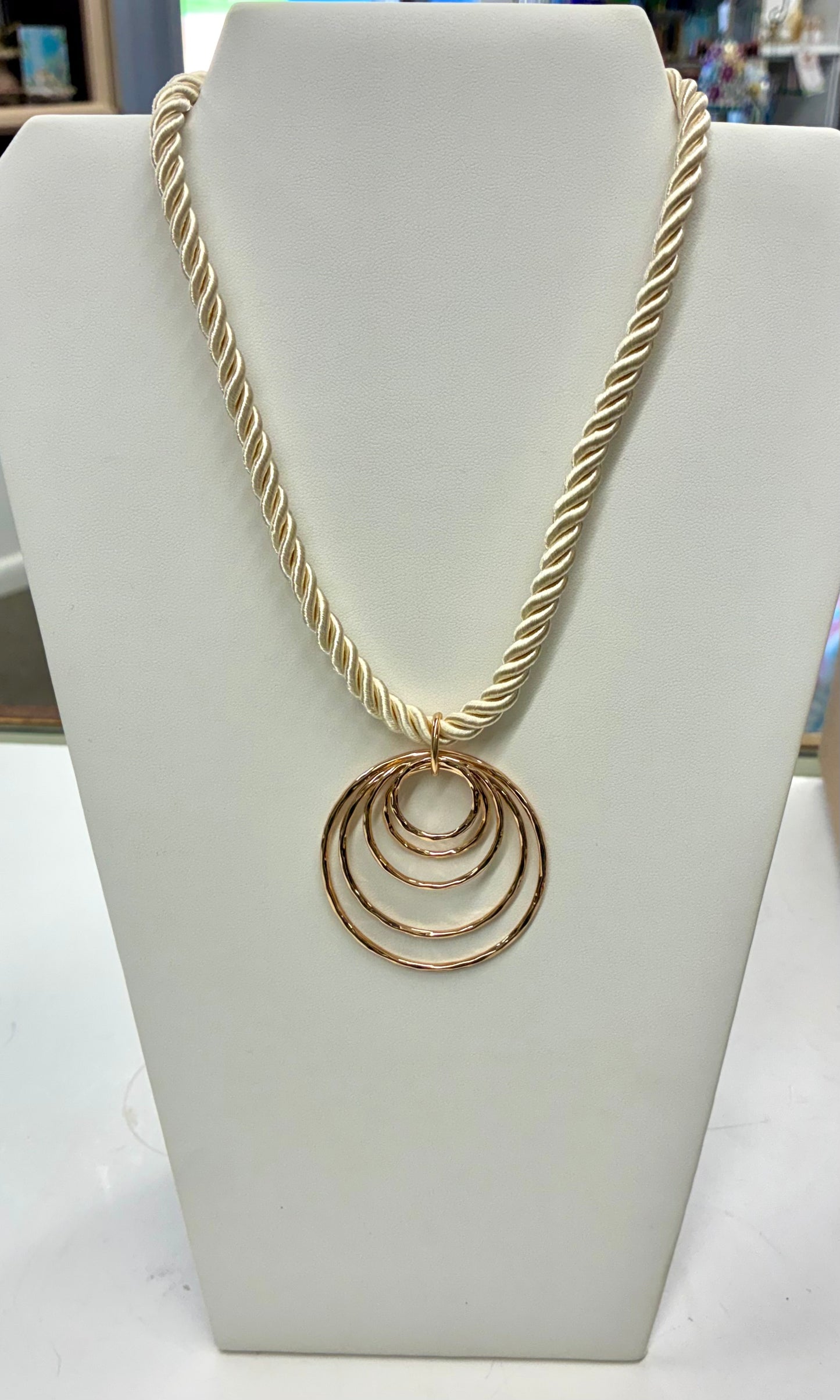 Thick Cream Rope Necklace with Multi-Circle Gold Pendant