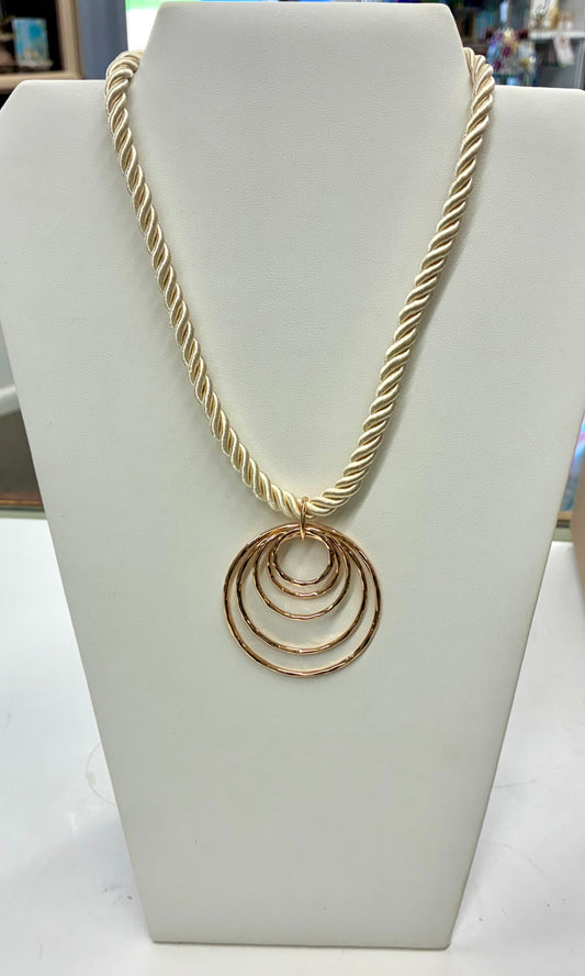 Thick Cream Rope Necklace with Multi-Circle Gold Pendant