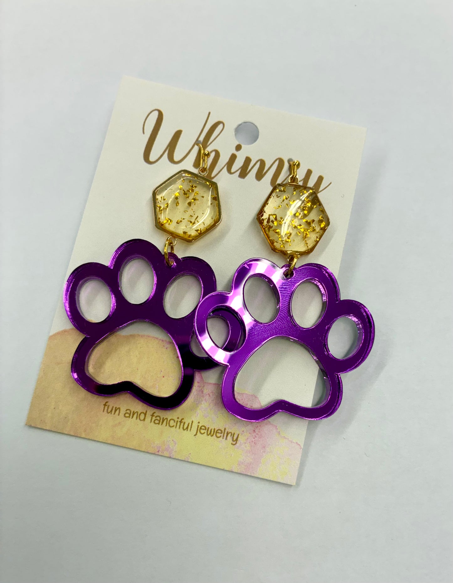 Purple and Gold Paw Earrings /