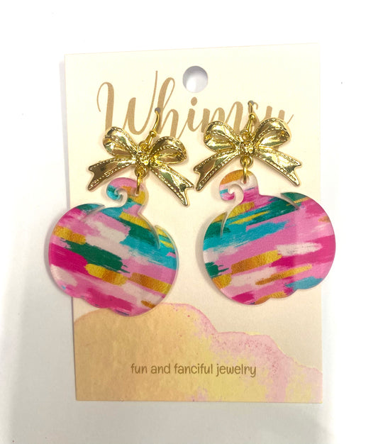Multicolored Pumpkin & Gold Bow Earrings