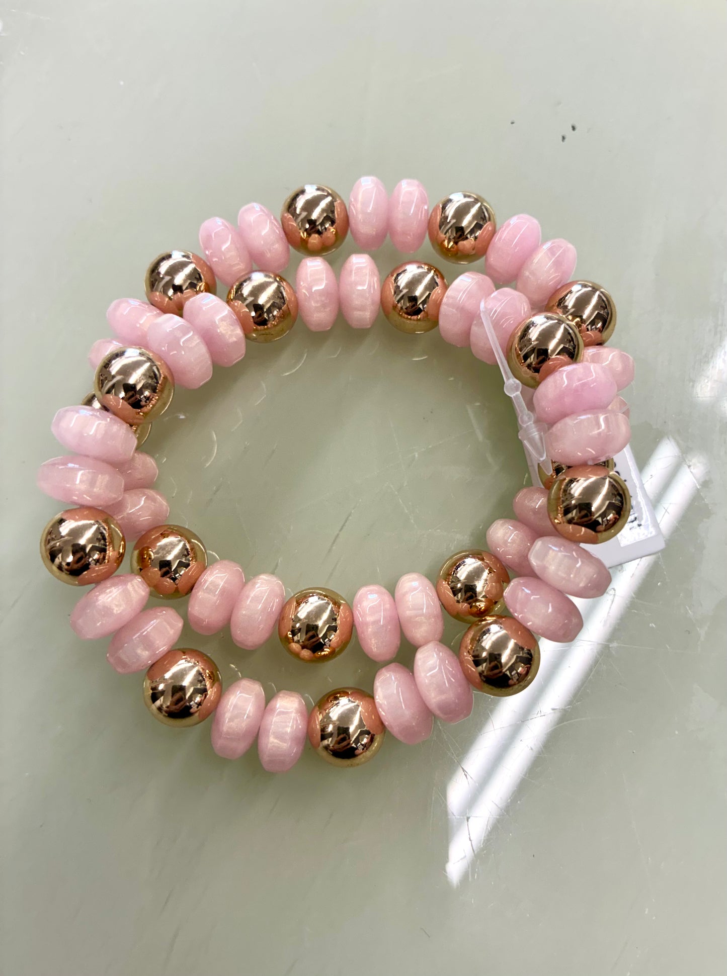 Pink & Gold Beaded Heart Necklace Magnetic Clasp / Pink & Gold Beaded Bracelet - Waterproof