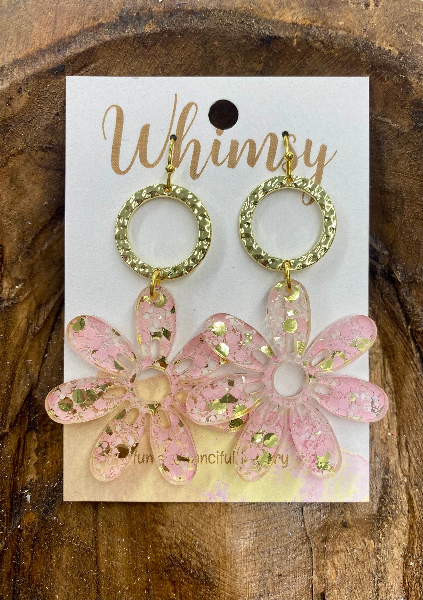 Pink and gold glitter flower earrings / Whimsy Jewels