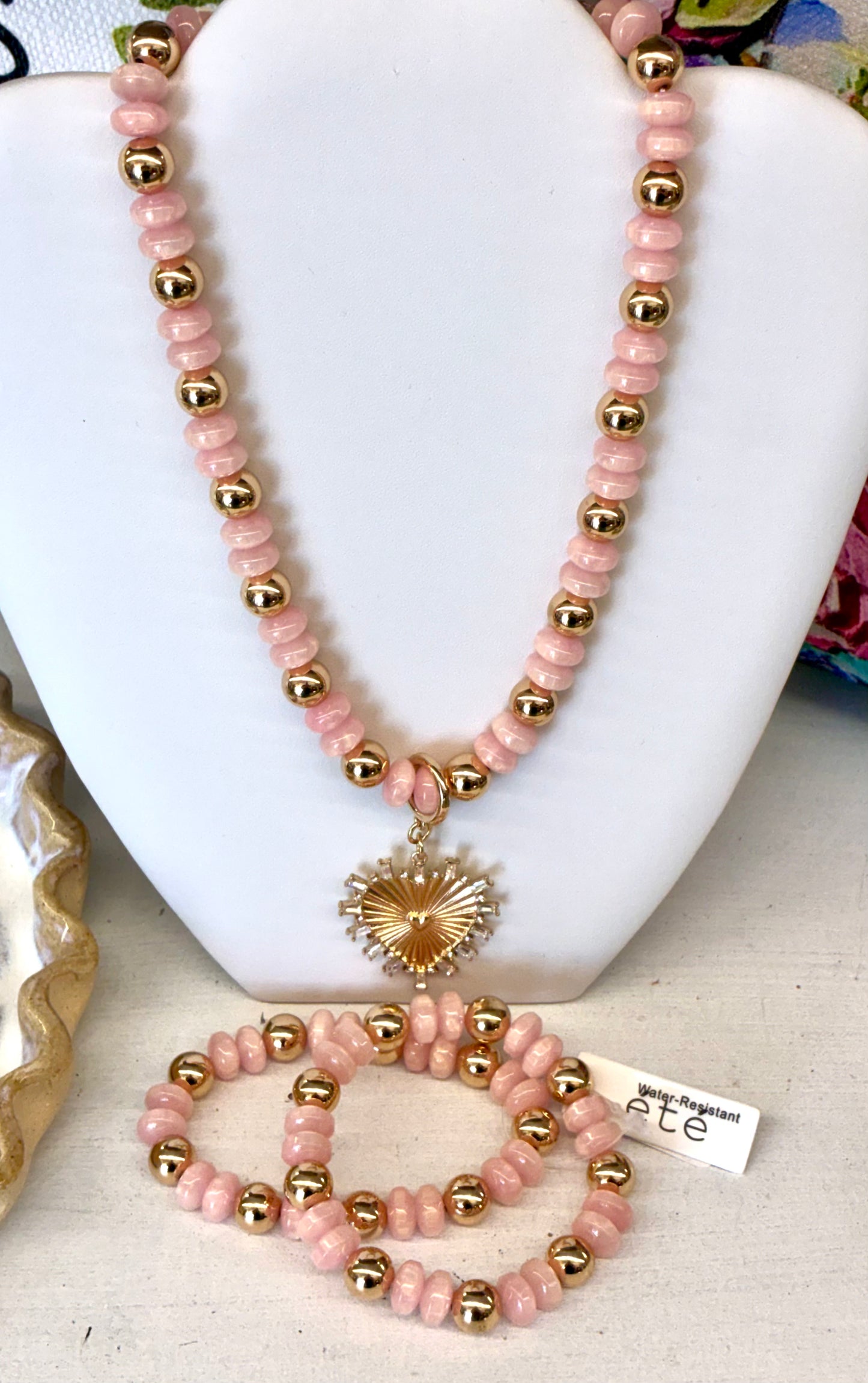 Pink & Gold Beaded Heart Necklace Magnetic Clasp / Pink & Gold Beaded Bracelet - Waterproof