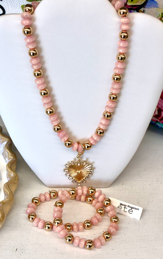 Pink & Gold Beaded Heart Necklace Magnetic Clasp / Pink & Gold Beaded Bracelet - Waterproof