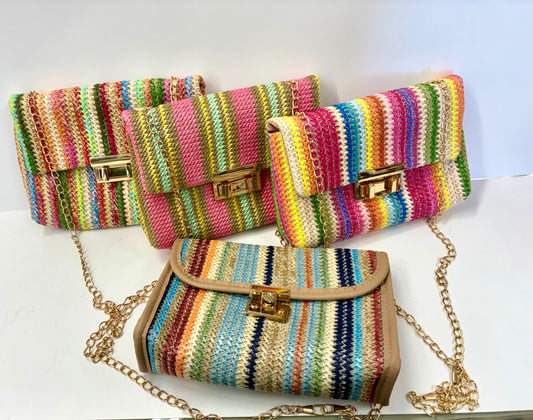 Rainbow Striped Woven Straw Crossbody with Gold Chain Strap