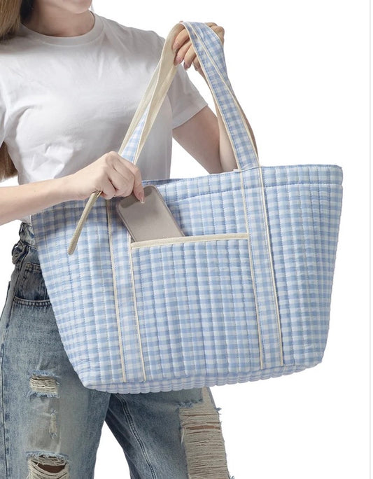 Blue Plaid Quilted Tote Bag with Shoulder Strap