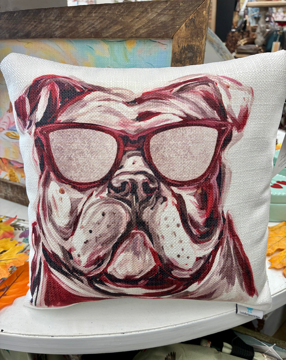 Colorful Bulldog Mascot Pillow: 12"x12" LuckyBird Apparel & Home