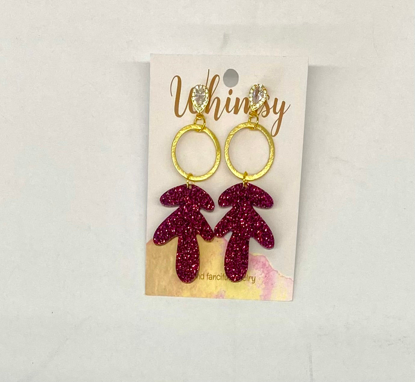 Maroon Glitter Earrings with Gold Hoop and Rhinestone Post / Whimsy Jewels