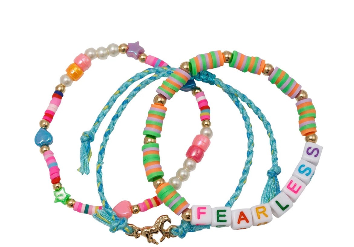 Kids Set of 3, Rubber Disk Strand, Braided Blue Rope Strand, Beaded "Fearless" & Horse Bracelet - Jane Marie