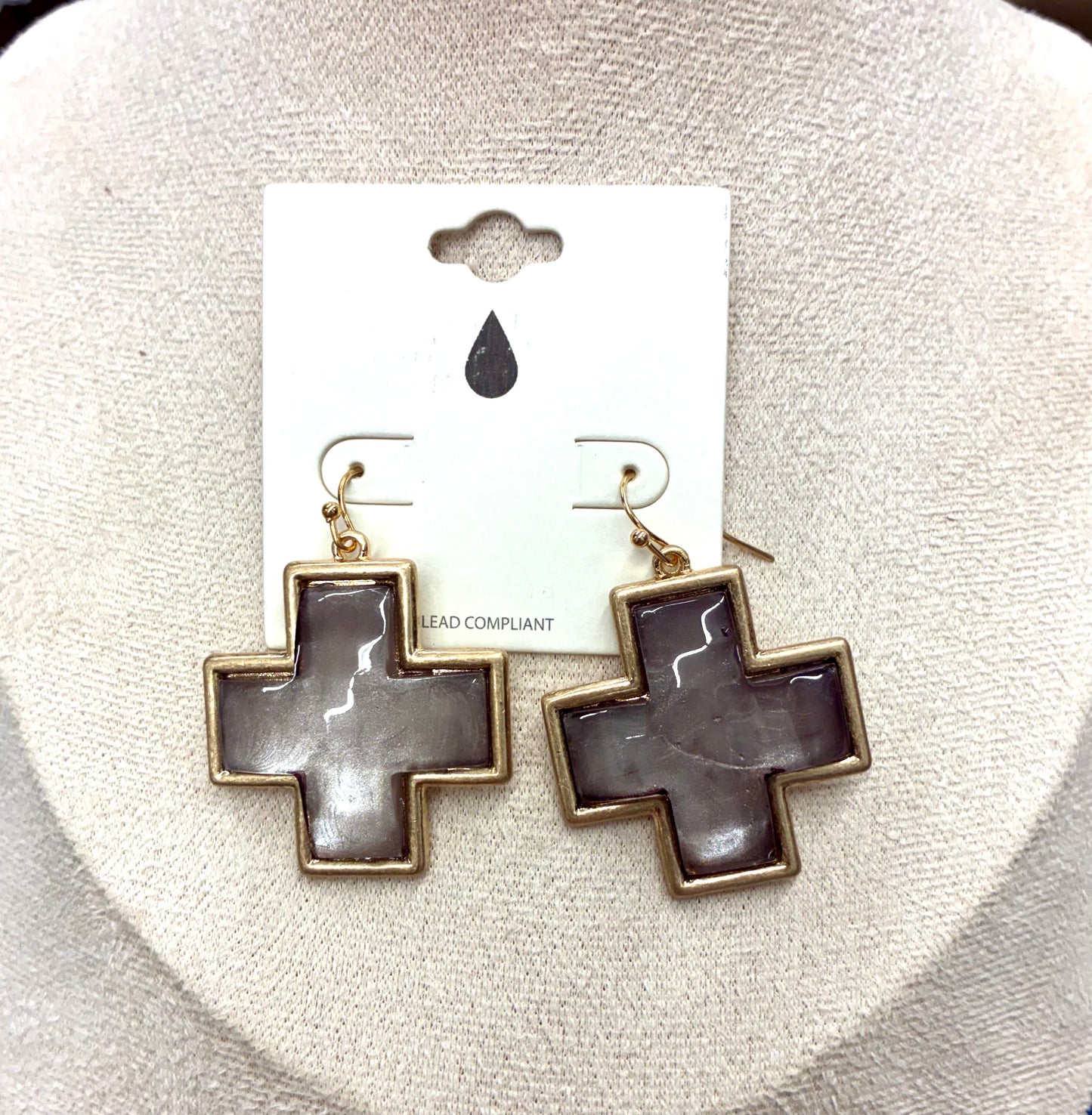 Gold Cross Dangle Earrings with Colored Glass