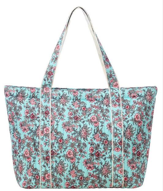 Floral Print Tote Bag with Shoulder Straps - Turquoise