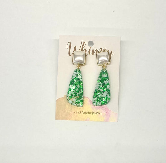 Green & White Glitter Earrings with Gold/Pearl Post / Whimsy Jewels