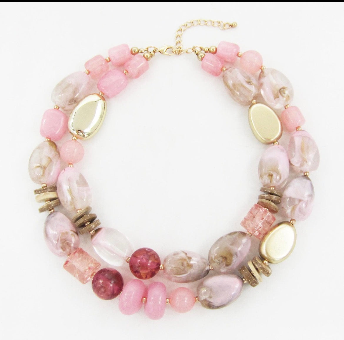 Bold Pink & Gold Chunky Beaded Double Strand Layered Necklace