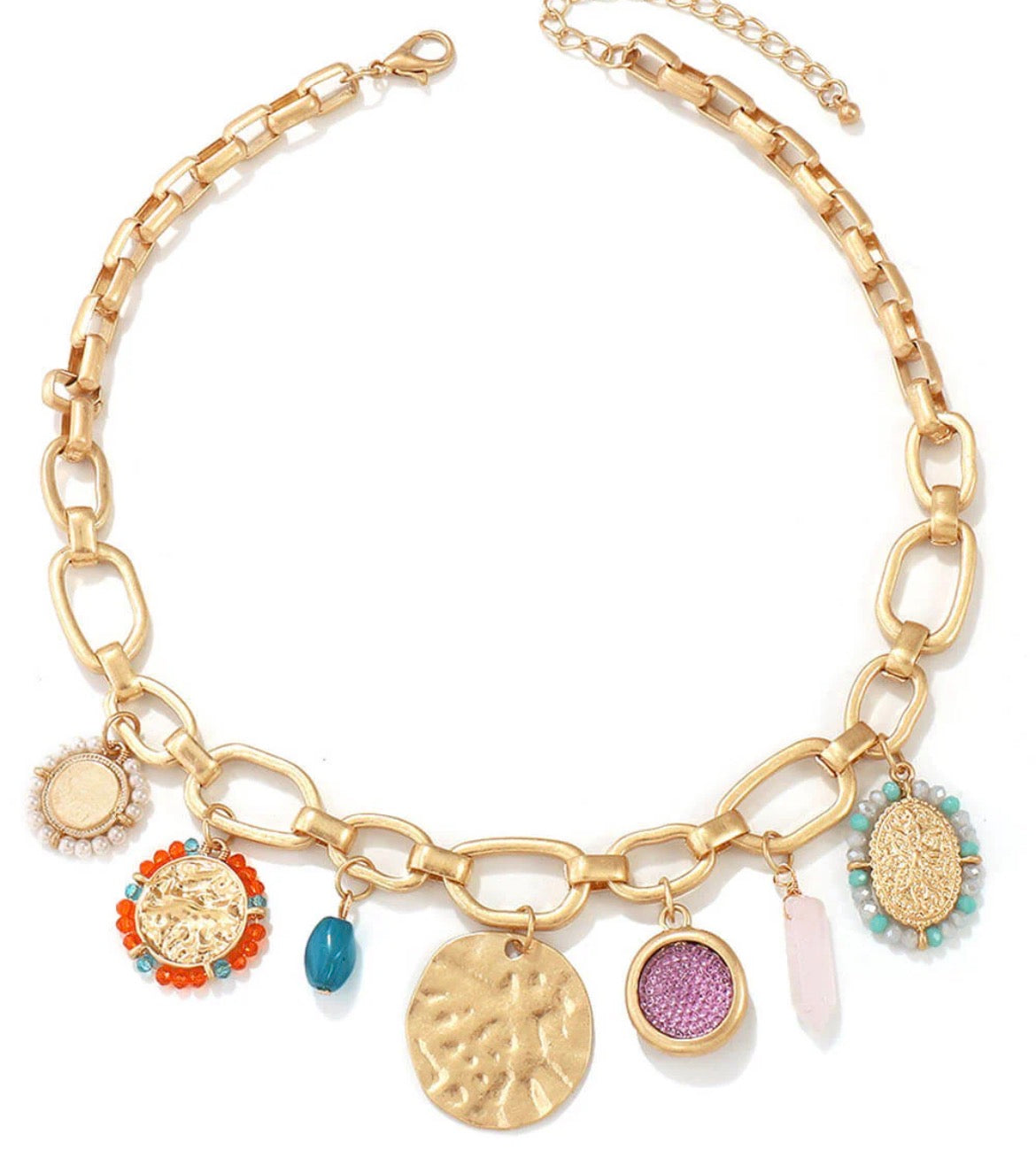 Bohemian-Style Chunky Paperclip Necklace with Multiple Unique Charms