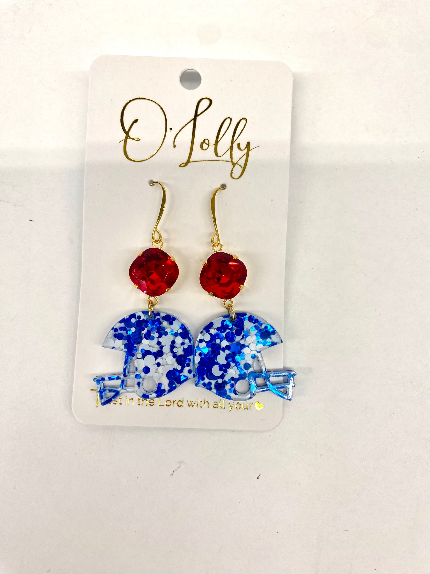 O’Lolly Helmet Earrings Red Stone W/ Blue Glitter Helmet