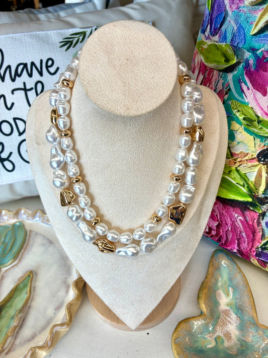 Double Strand Pearl & Gold Stone Beaded Necklace with Pearl Stud Earrings