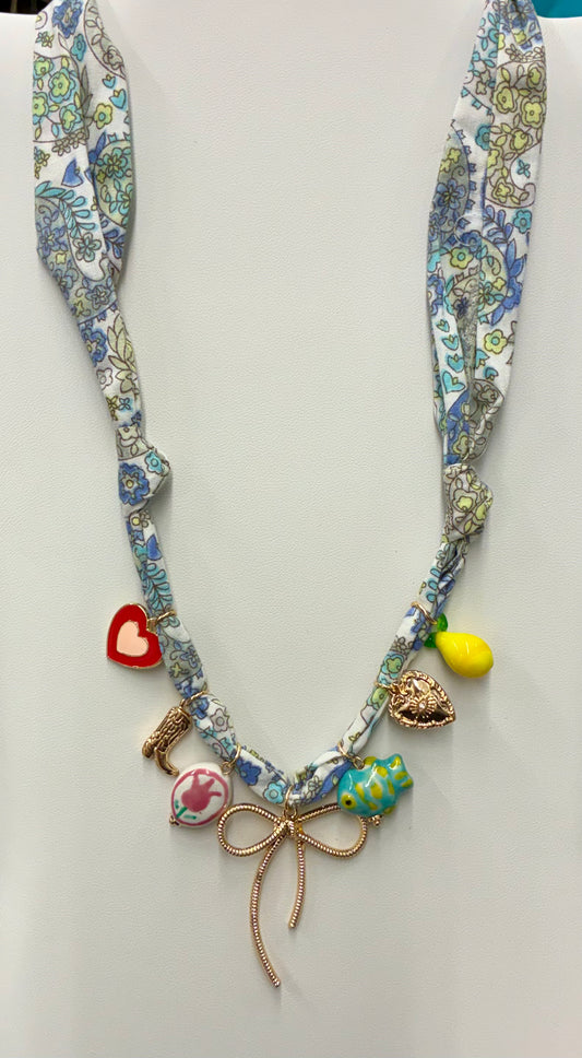 Multi-Charm Scarf Necklace Floral Light Colored Scarf