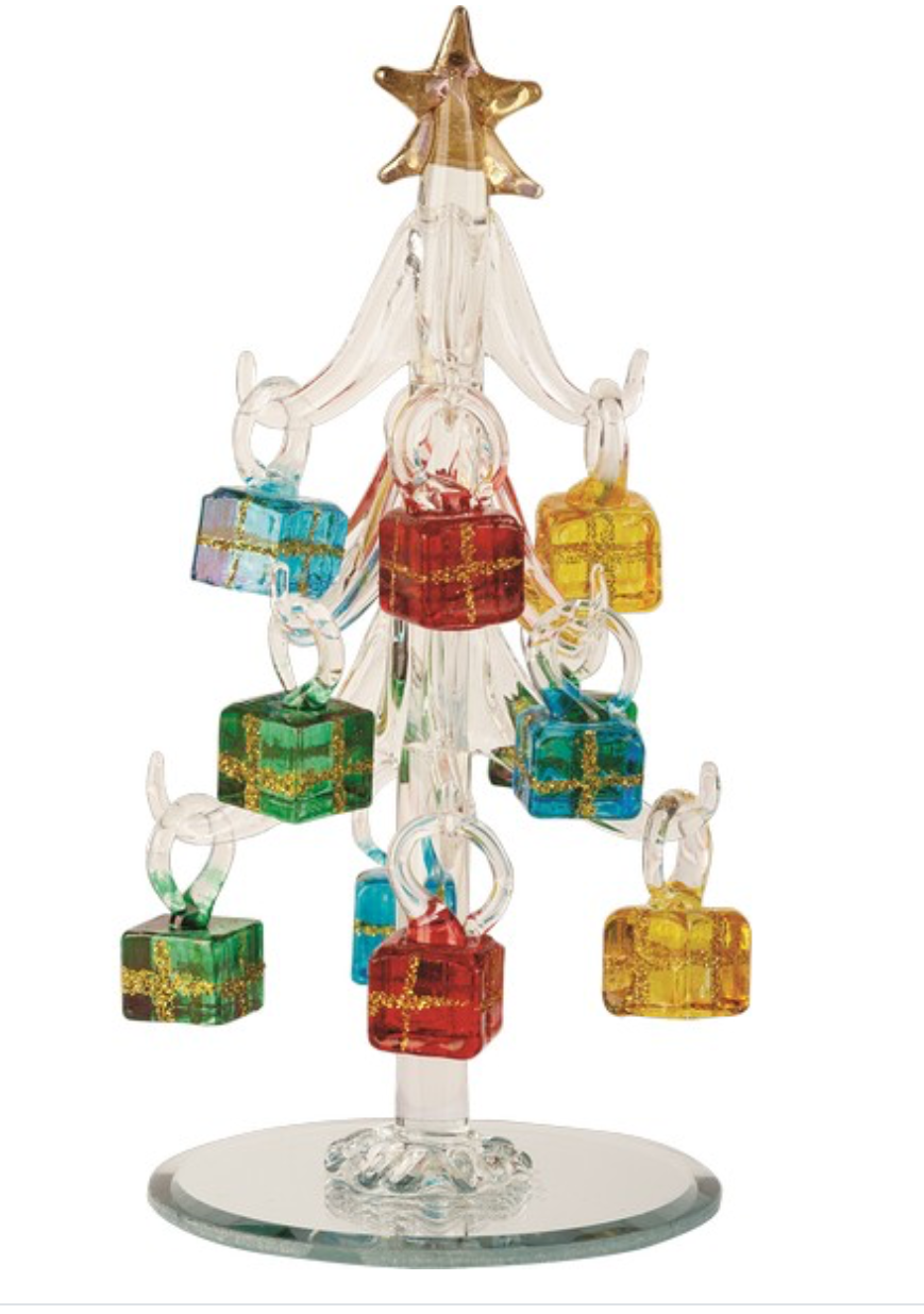 Clear Glass Tree 6” with Gift Box Ornaments