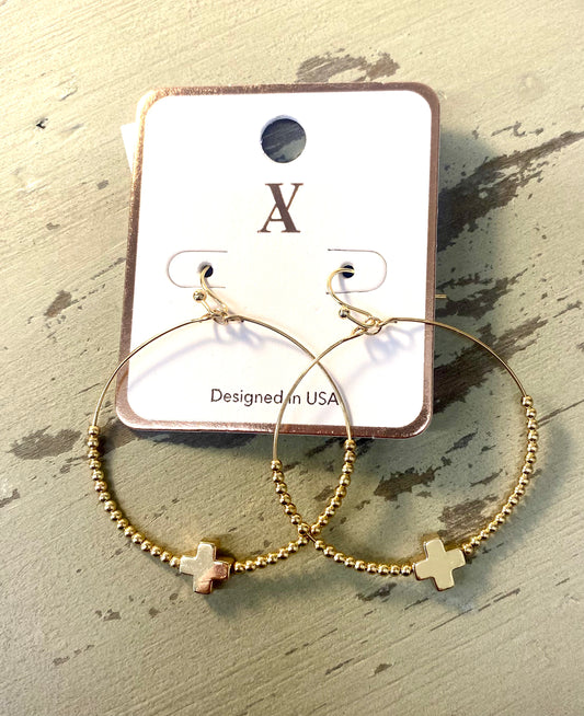 Gold Beaded Earrings w/Cross