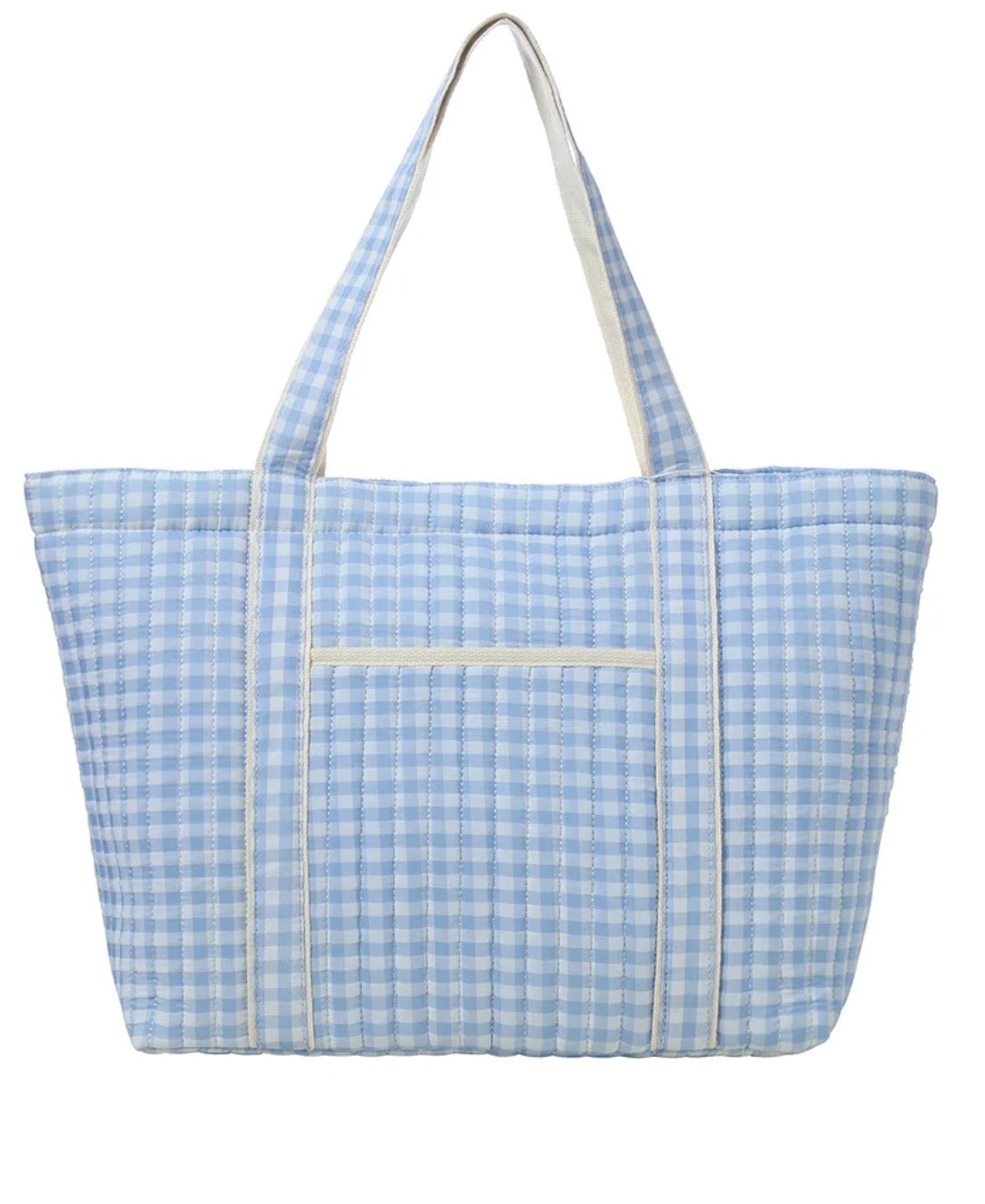 Blue Plaid Quilted Tote Bag with Shoulder Strap