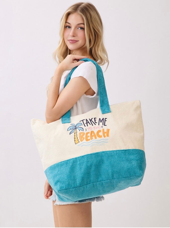 TAKE ME TO THE BEACH Palm Tree Graphic Printed Terry Tote Bag