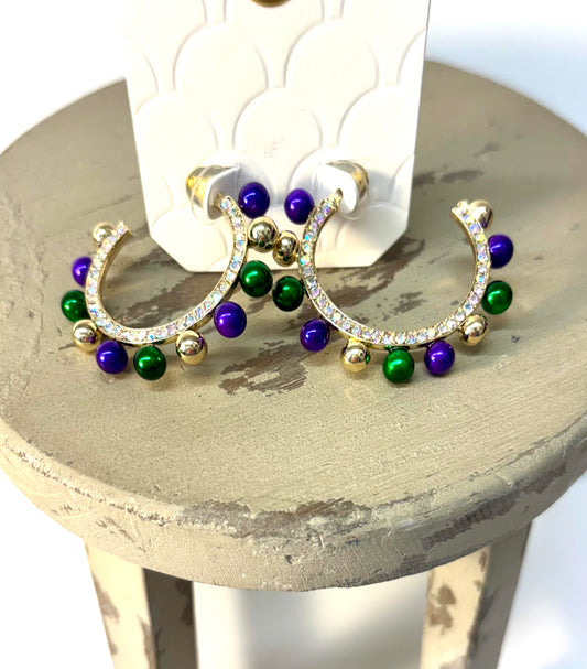 Mardi Gras Rhinestone/Ball Hoop Earrings