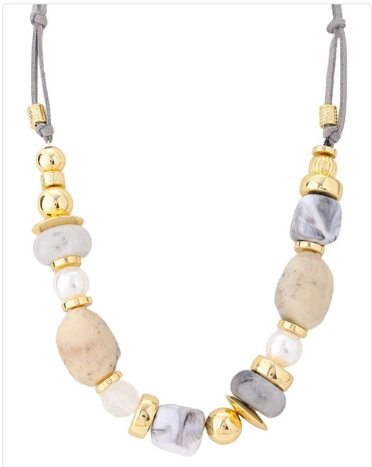 Gold Tone Acrylic Bead & Pearl Necklace - Mixed Stone Style Blue/Gray/Tan
