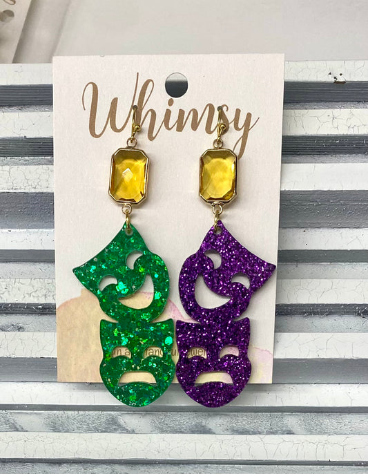 Mardi Gras Acrylic Glitter Mask Earrings with Gold Stone