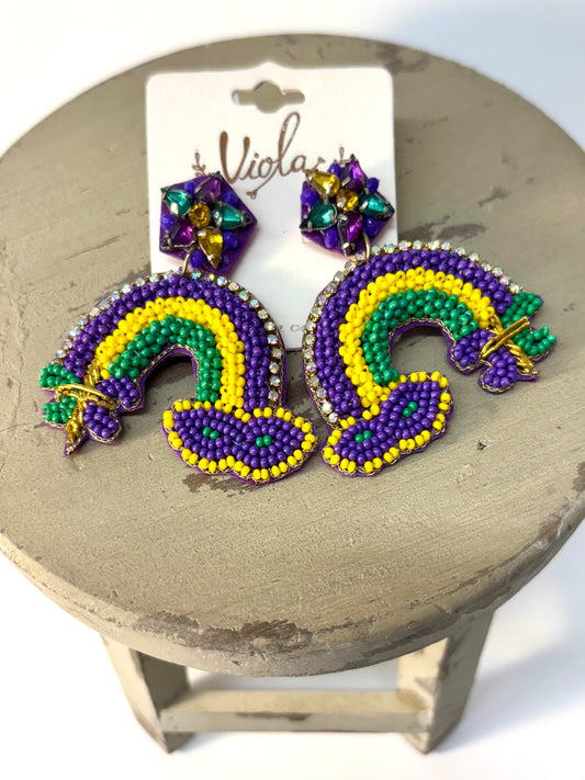 Jeweled Mardi Gras Rainbow With Masquerade Mask and Fleur De Lis Beaded Earrings