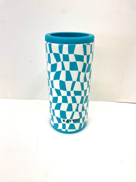 Katydid Aqua Checkered Pattern Slim Can Insulator