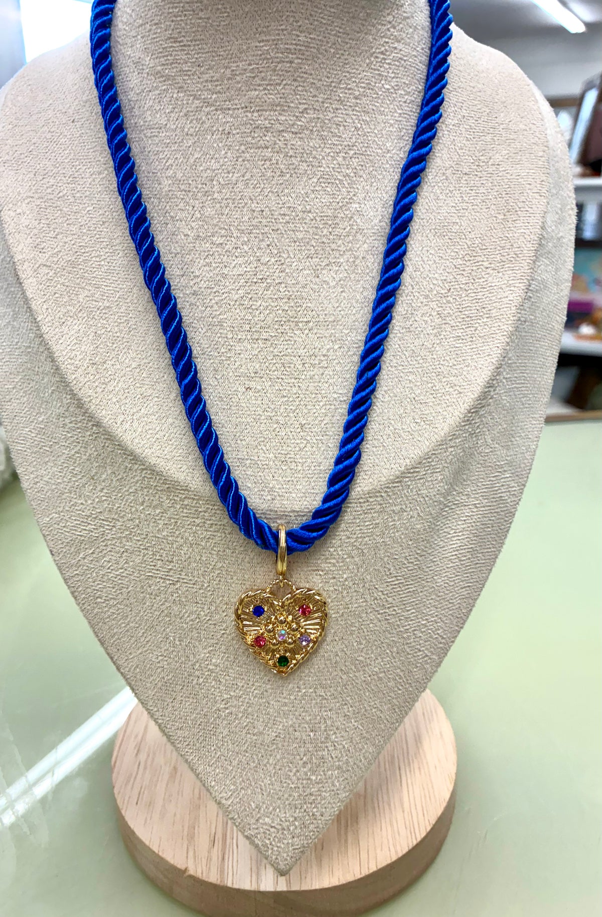 Royal Blue Rope Necklace with Gold Heart Pendant with Multicolored Stones