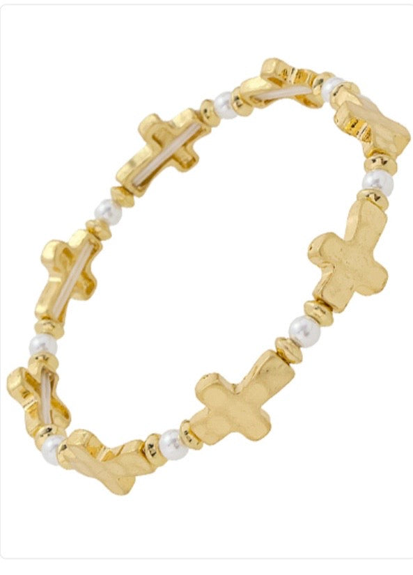 Cross Pearl Station Stretch Bracelet