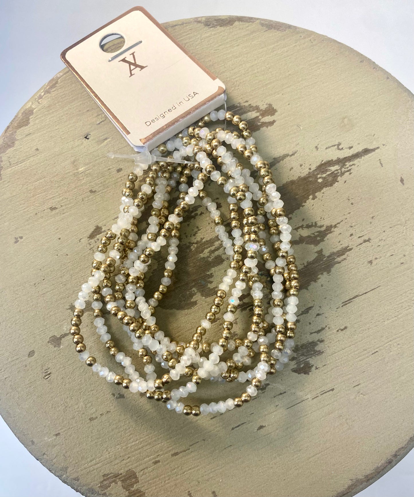 White & Gold Beaded Bracelet 8-strand