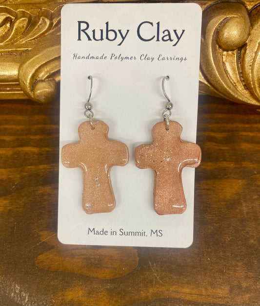 Polymer Clay Brown Cross Earrings by Ruby Clay