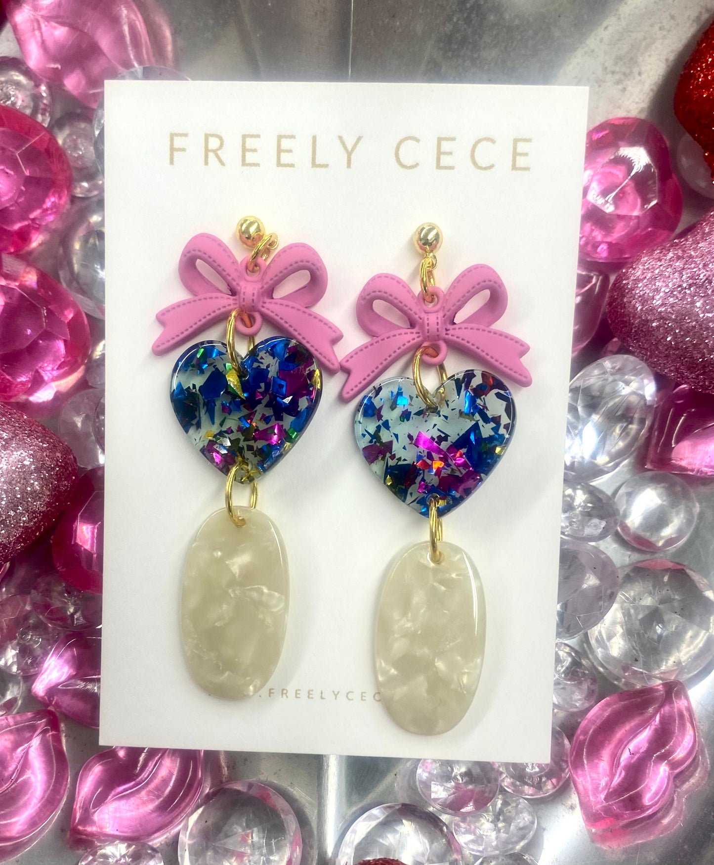 Pink Bow/ Blue Confetti Hearts/ Ivory Dangle Earrings / Freely CeCe