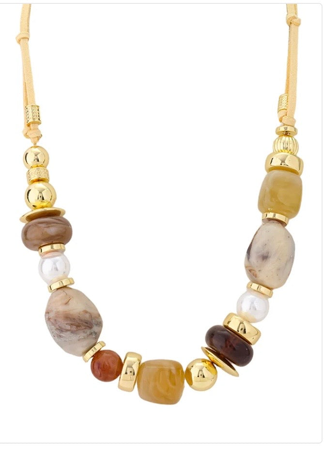Gold Tone Earth Tone Acrylic Bead & Pearl Necklace