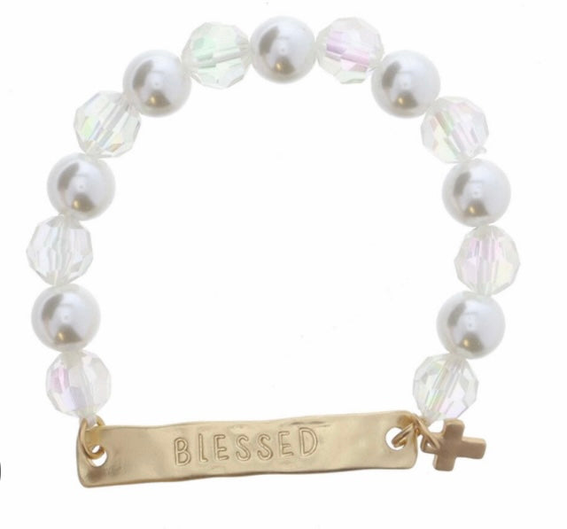 Kids Pearl and Iridescent Beaded with “Blessed” Bar and Cross Charm Bracelet - Jane Marie