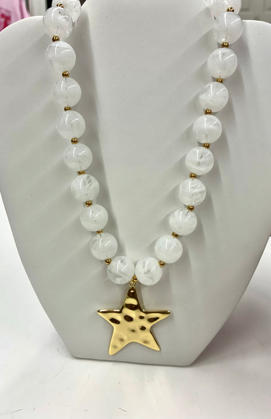 White Marble & Gold Beaded Necklace with Star Charm