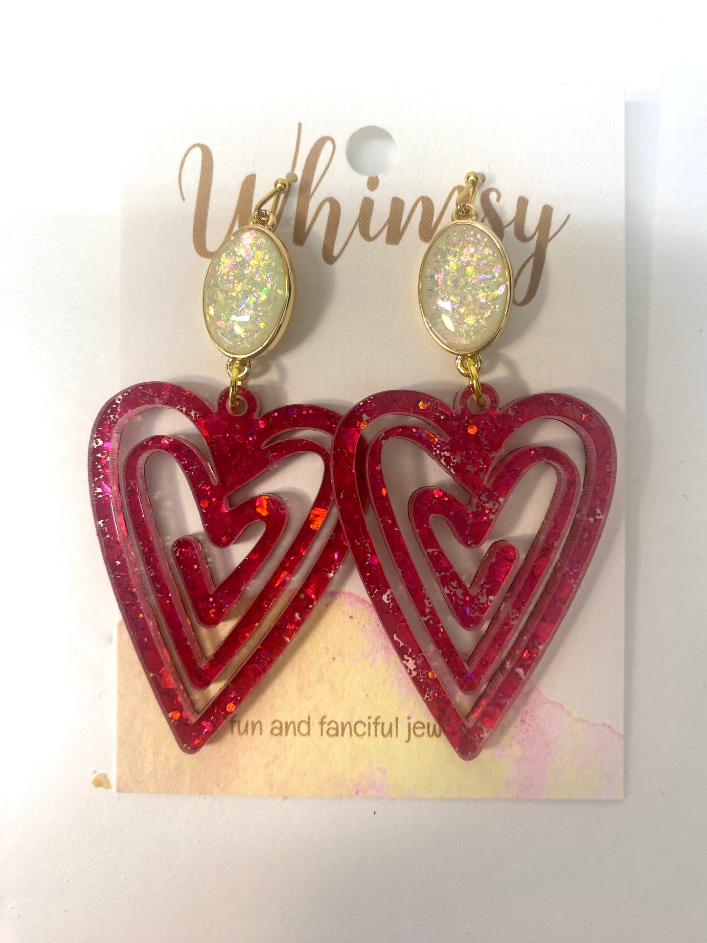 Valentine Glitter Heart Earrings Cream Glitter Stone  Whimsy Jewels