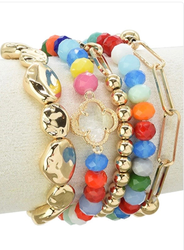 Multicolored Multi-Strand Stretch Bracelets with Clover Accent