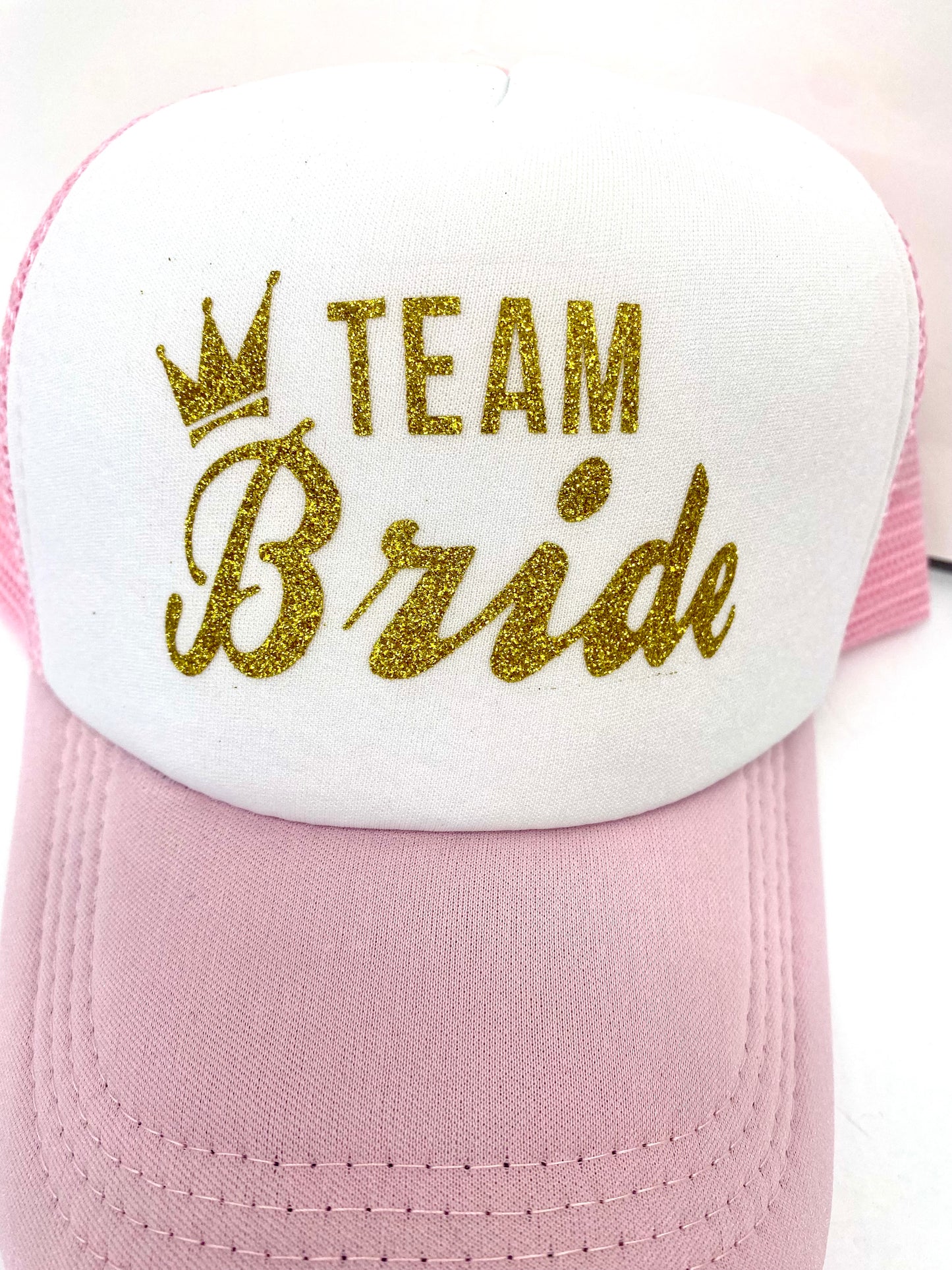 Glittery Gold Team Bride White and Pink Mesh Cap