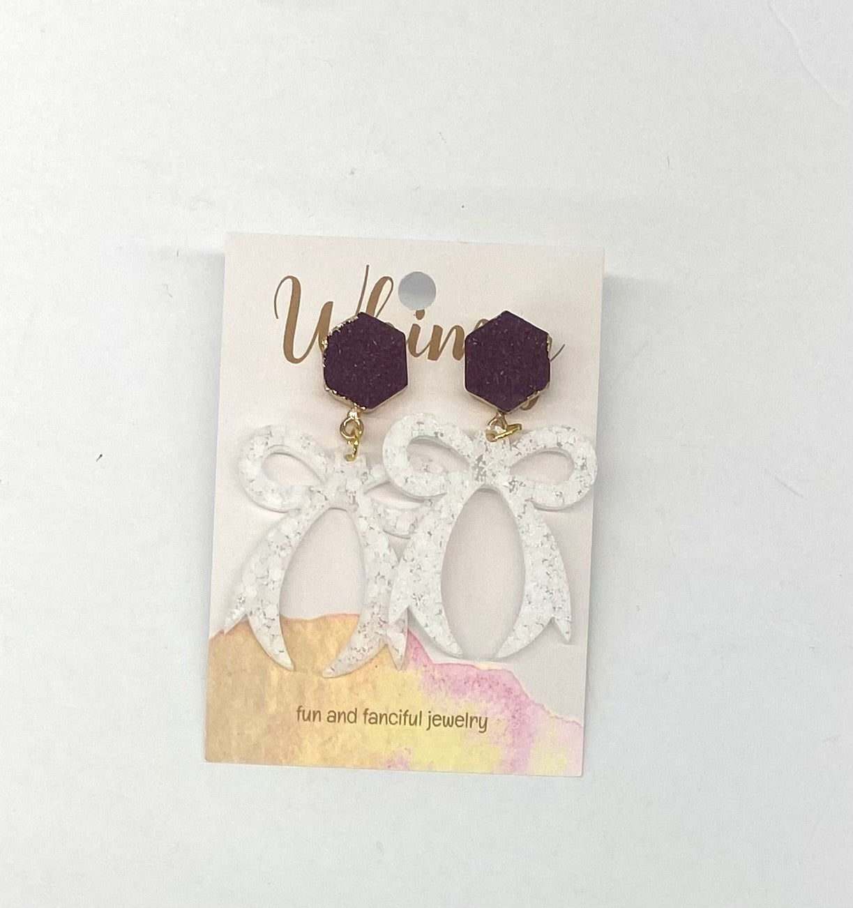 Bow Earrings in White & Maroon Druzy Stone Post Whimsy Jewels