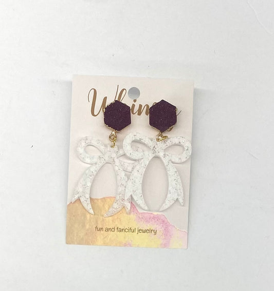 Bow Earrings in White & Maroon Druzy Stone Post Whimsy Jewels