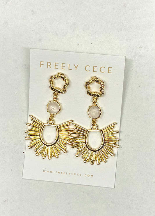 Sunburst Gold Earrings with Milky Stone - Freely Cece
